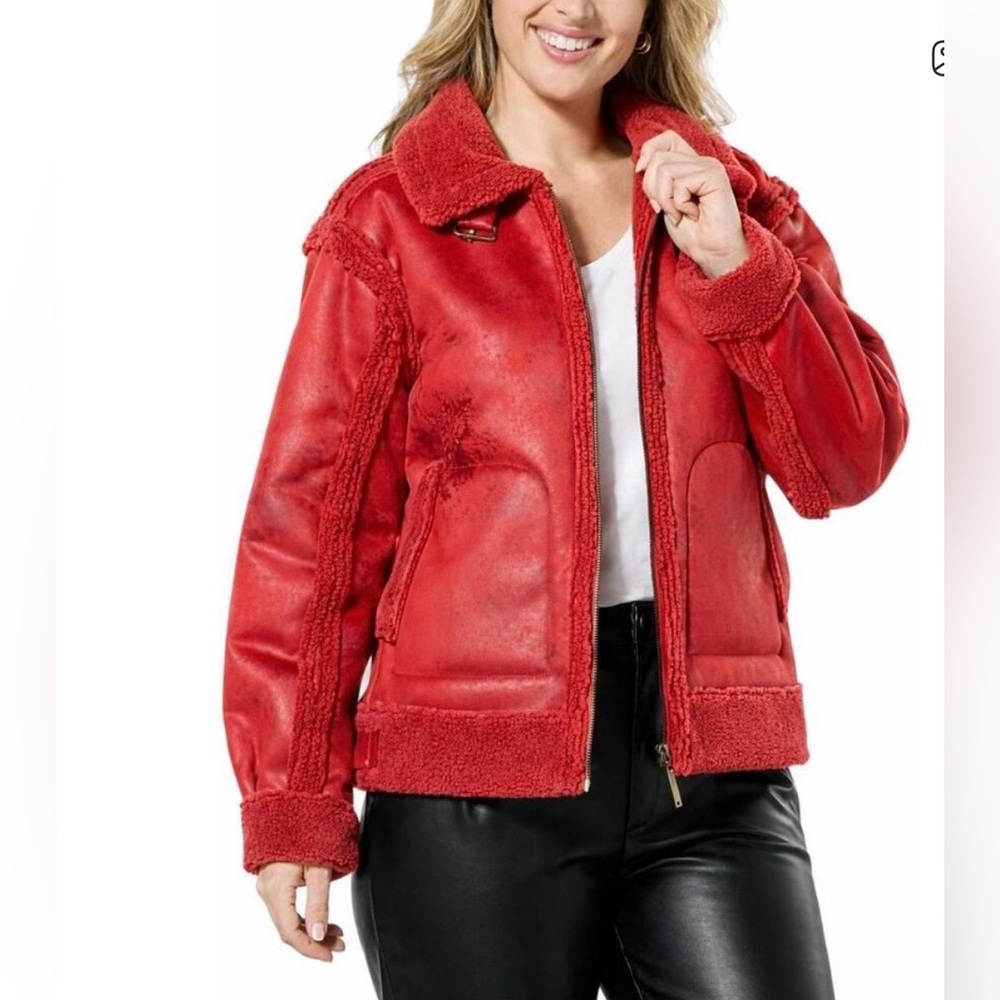 G by Gulianna Black Label Faux Shearling & Leather Scarlet Red Jacket New!  Sz S